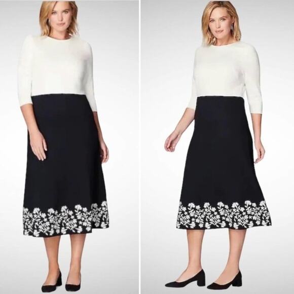 𝅺christian Siriano for J.jill Ponte Knit A-Line Embroidery Dress Black White - Picture 1 of 9